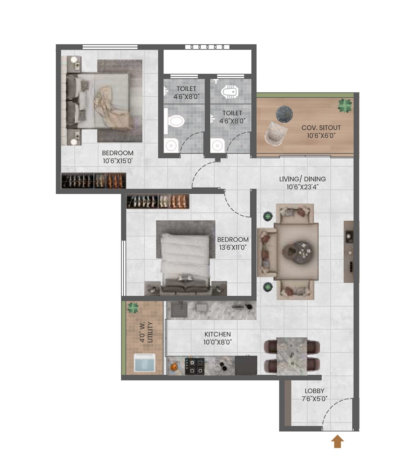 Floor plan of 2 BHK 888 Sq. Ft. Apartment in BJ 24 Aanand, Pune