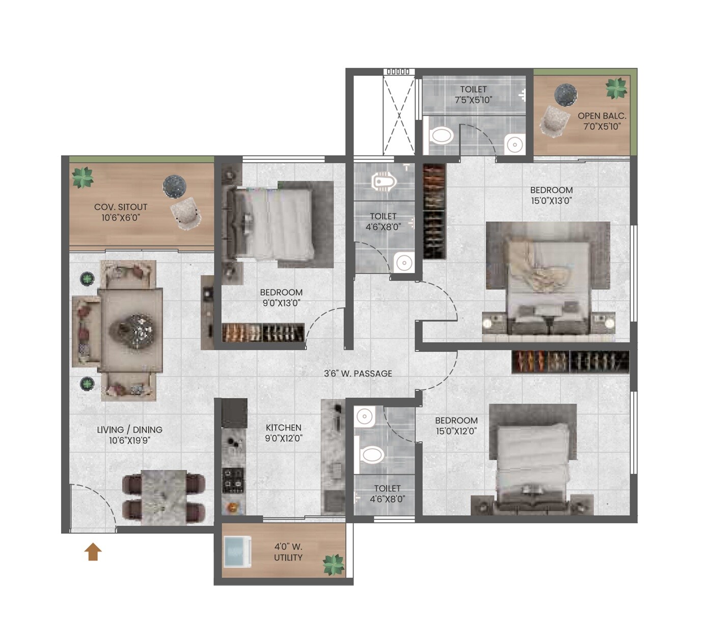 Floor plan of 3 BHK 1141 Sq. Ft. Apartment in BJ 24 Aanand, Pune