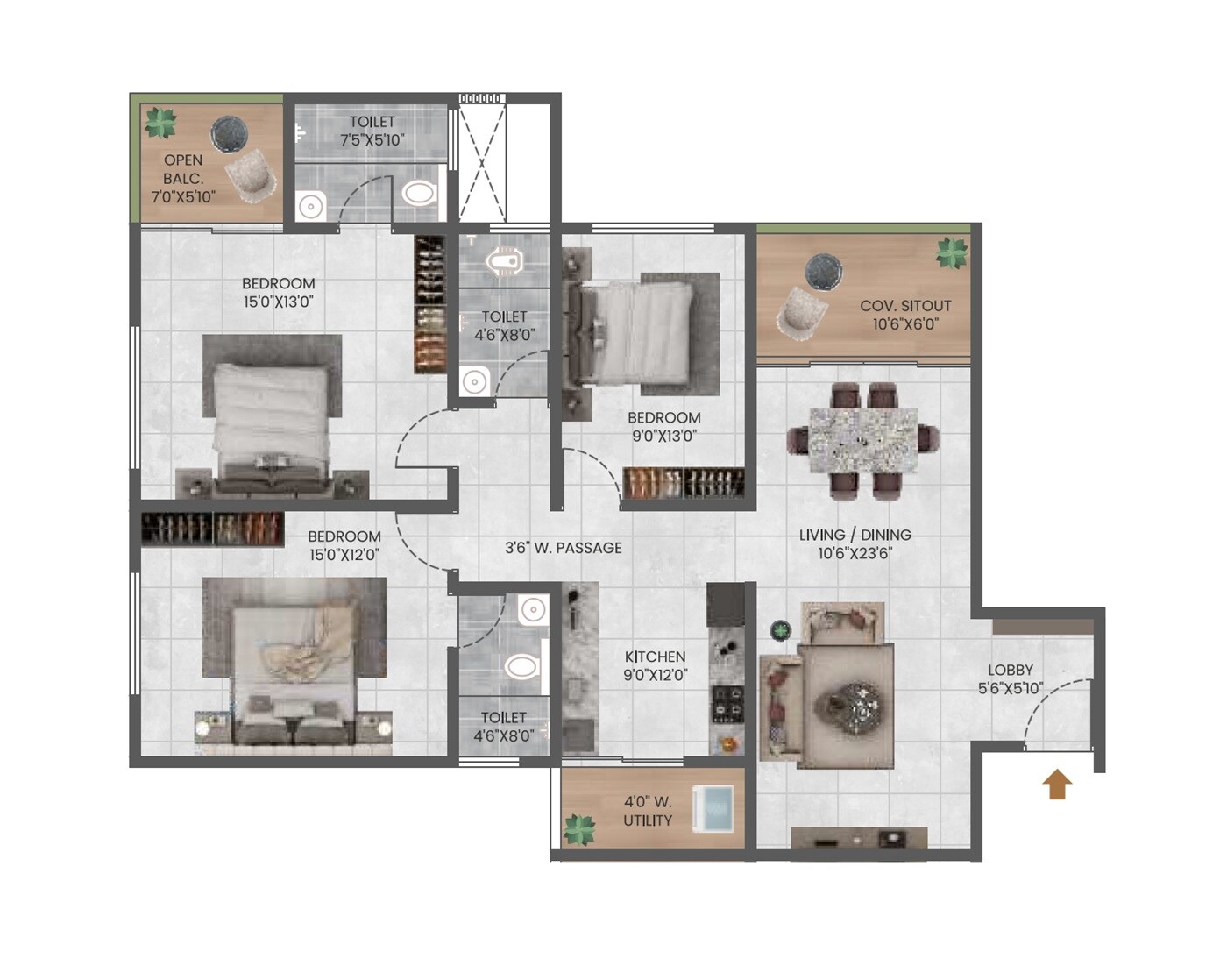 Floor plan of 3 BHK 1216 Sq. Ft. Apartment in BJ 24 Aanand, Pune