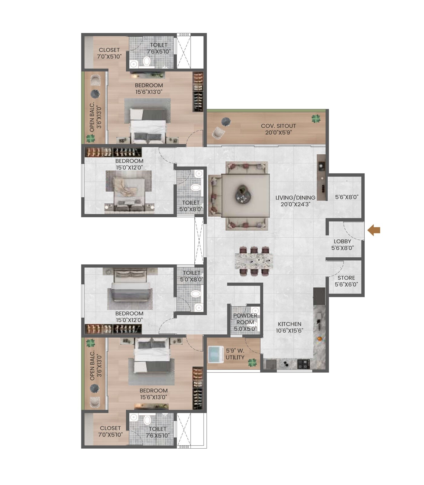 Floor plan of 4 BHK 2203 Sq. Ft. Apartment in BJ 24 Aanand, Pune