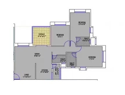 Floor plan of 3 BHK 989 Sq. Ft. Apartment in BK Jhala Mahalunge Riviera, Pune