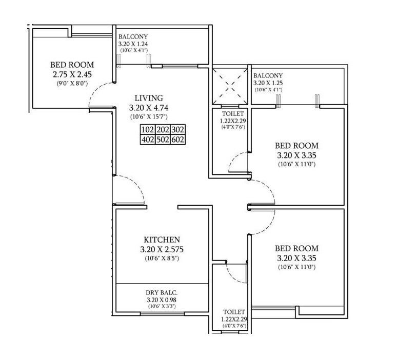 Floor plan of 2 BHK 823 Sq. Ft. Apartment in Blue 27th Avenue, Pune