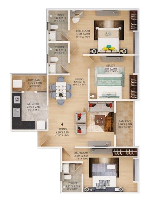 Floor plan of 3 BHK 907 Sq. Ft. Apartment in Blue 27th Avenue, Pune