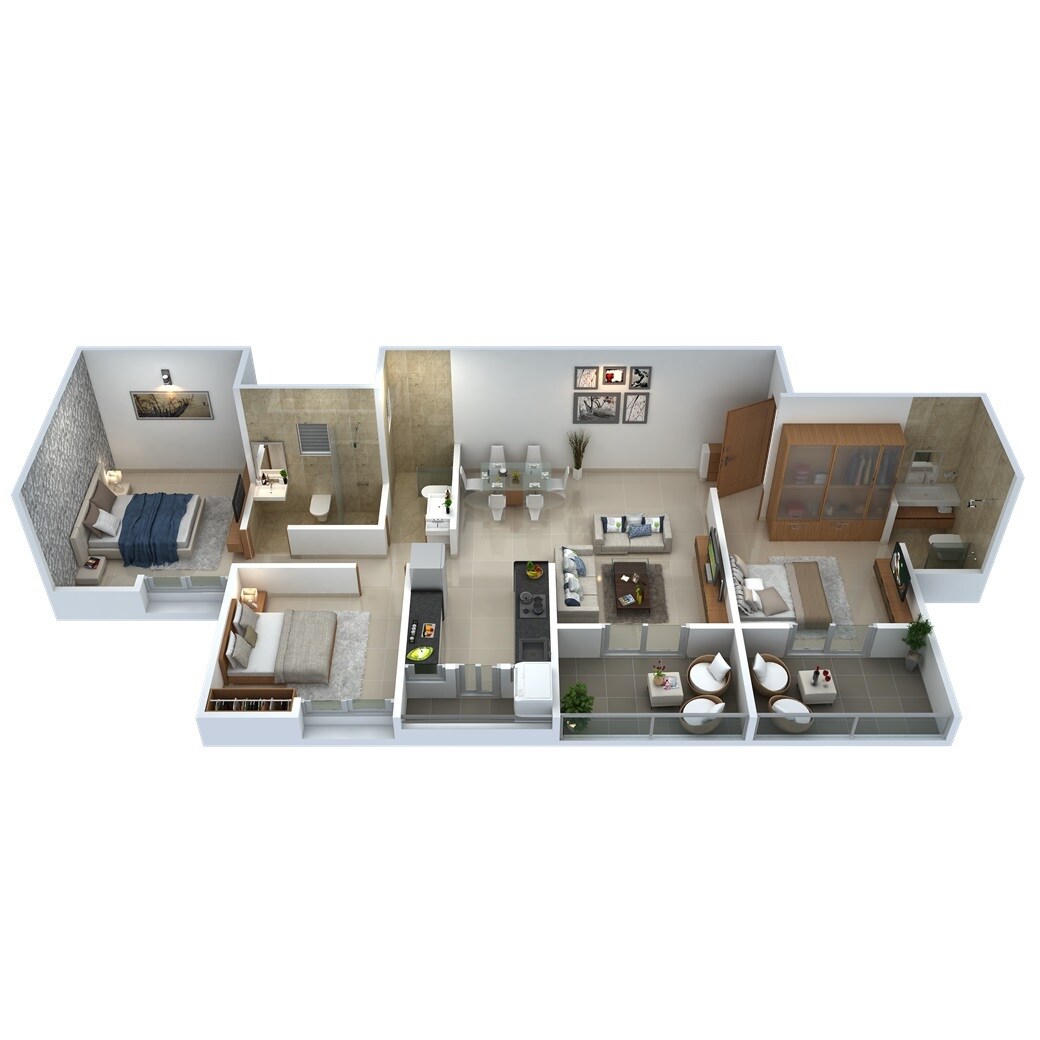 Floor plan of 3 BHK 895 Sq. Ft. Apartment in Blue 27th Avenue, Pune