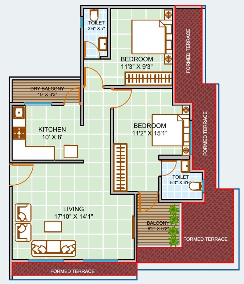 Floor plan of 2 BHK 1006 Sq. Ft. Apartment in Blue Paradise, Pune