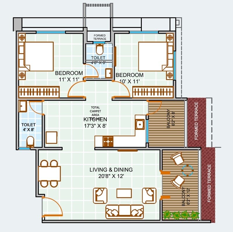 Floor plan of 2 BHK 934 Sq. Ft. Apartment in Blue Paradise, Pune