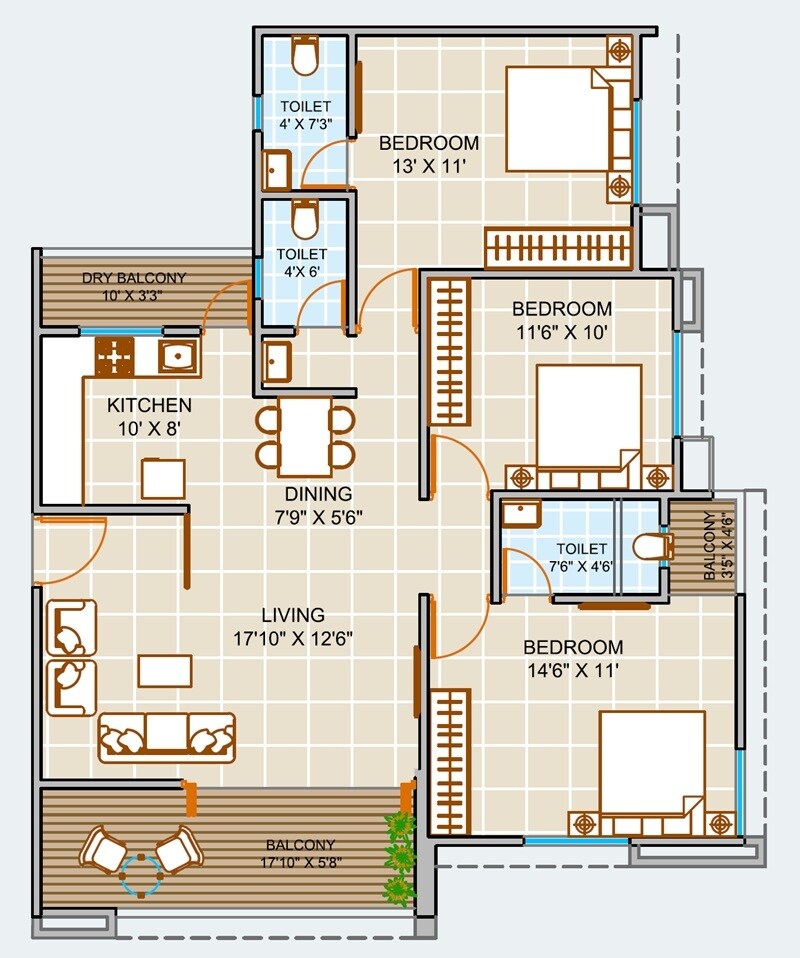 Floor plan of 3 BHK 1100 Sq. Ft. Apartment in Blue Paradise, Pune