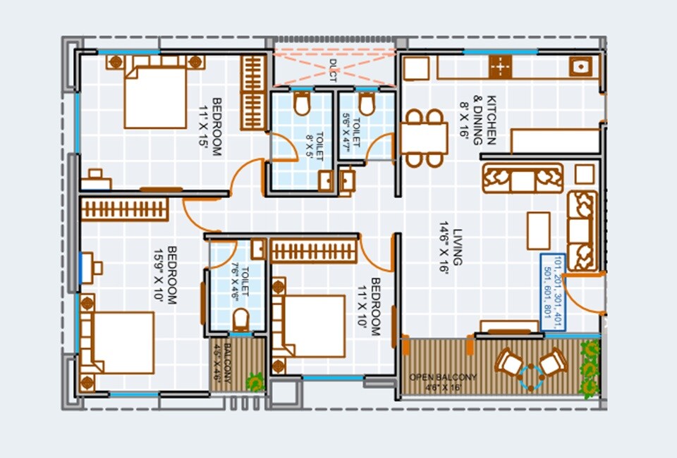 Floor plan of 3 BHK 1125 Sq. Ft. Apartment in Blue Paradise, Pune