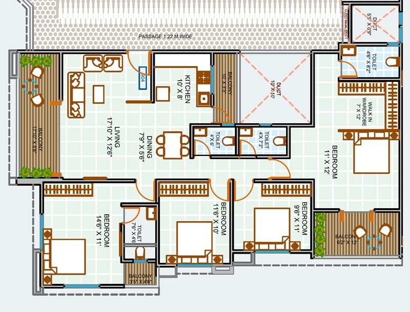 Floor plan of 4 BHK 1460 Sq. Ft. Apartment in Blue Paradise, Pune