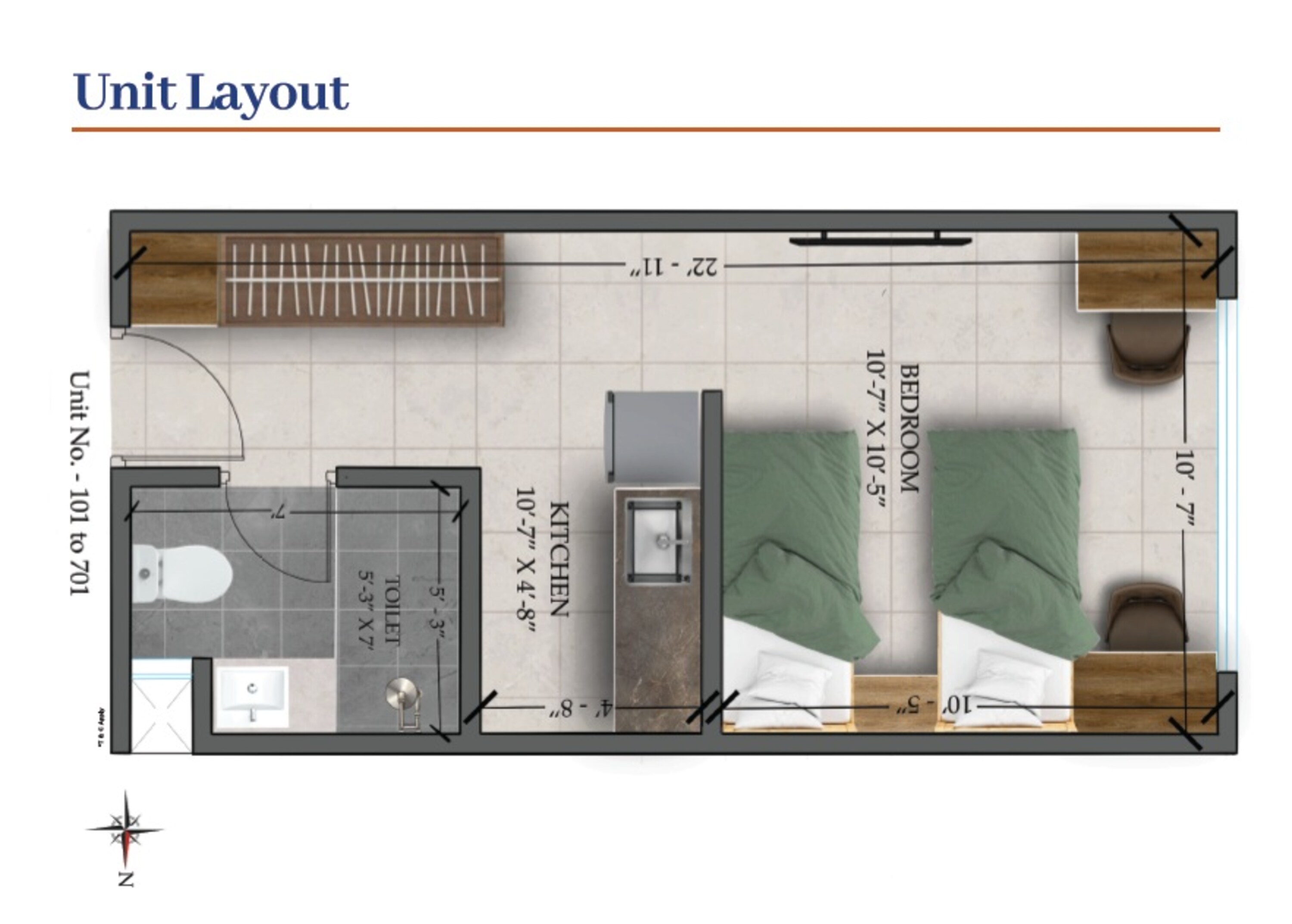 239 Sq. Ft. Studio in Blue Pearl 133 Orange Tree