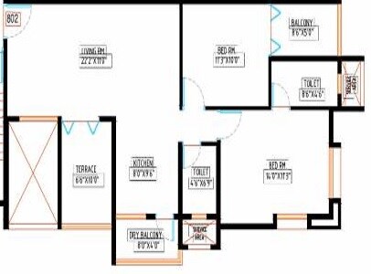 Floor plan of 2 BHK 1035 Sq. Ft. Apartment in Blue Pearl 18 Casita, Pune