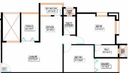 Floor plan of 2 BHK 989 Sq. Ft. Apartment in Blue Pearl 18 Casita, Pune