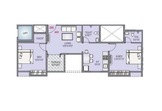 Floor plan of 2 BHK 1006 Sq. Ft. Apartment in Blue Pearl 204 Blue Paradise, Pune