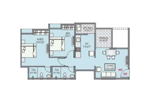Floor plan of 2 BHK 934 Sq. Ft. Apartment in Blue Pearl 204 Blue Paradise, Pune