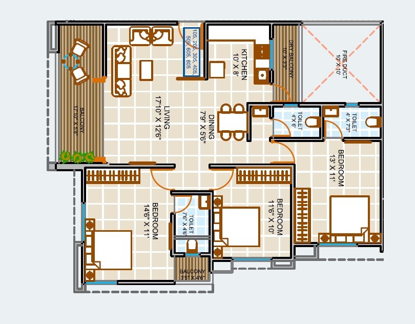 Floor plan of 3 BHK 1100 Sq. Ft. Apartment in Blue Pearl 204 Blue Paradise, Pune