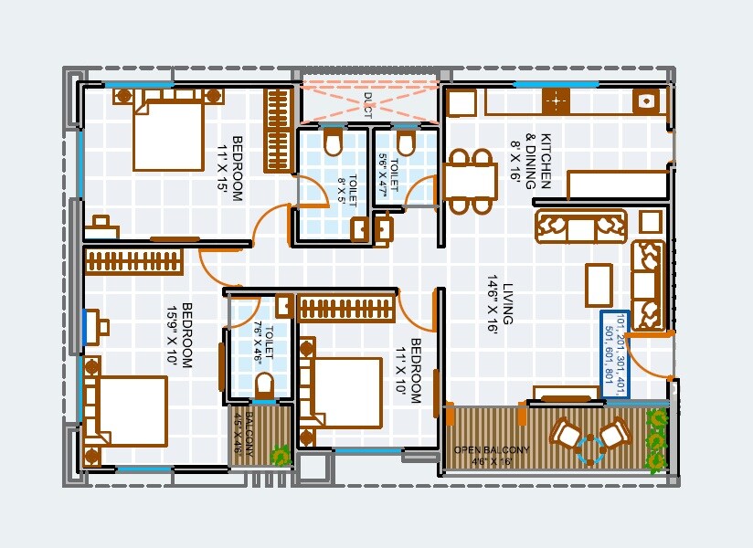 Floor plan of 3 BHK 1125 Sq. Ft. Apartment in Blue Pearl 204 Blue Paradise, Pune