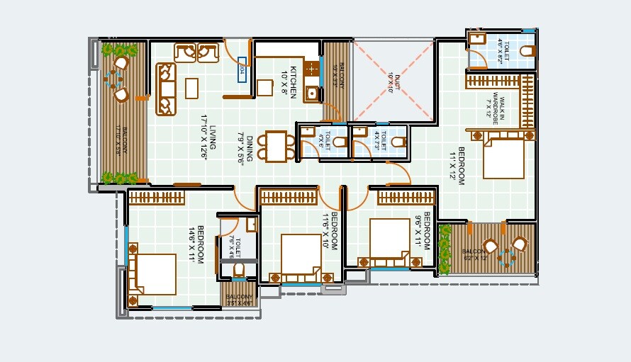 Floor plan of 4 BHK 1460 Sq. Ft. Apartment in Blue Pearl 204 Blue Paradise, Pune