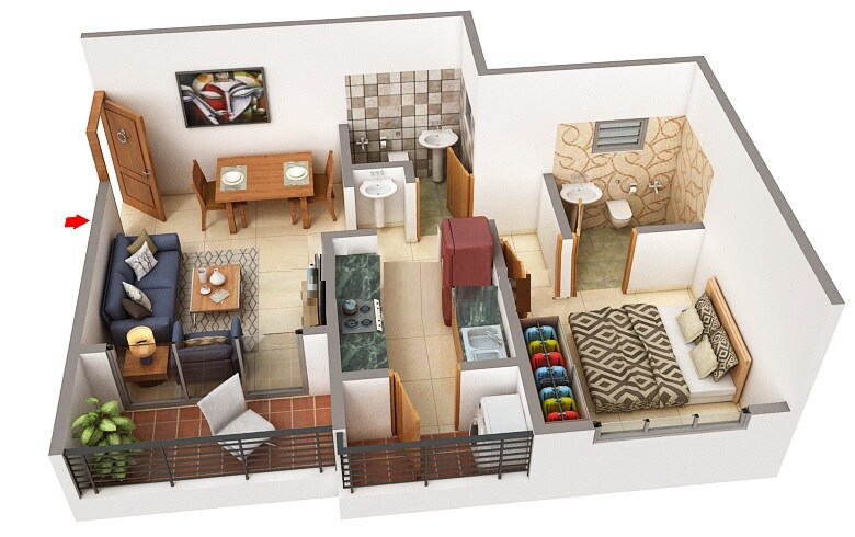 Floor plan of 1 BHK 416 Sq. Ft. Apartment in Blue Sapphire Swara Blossom, Pune