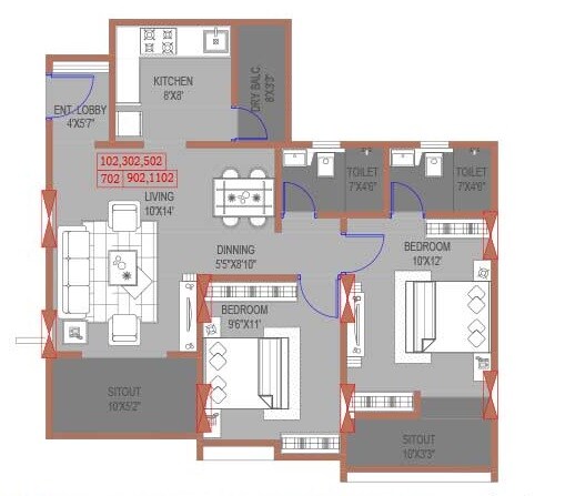 Floor plan of 2 BHK 758 Sq. Ft. Apartment in Blue Scapes, Pune