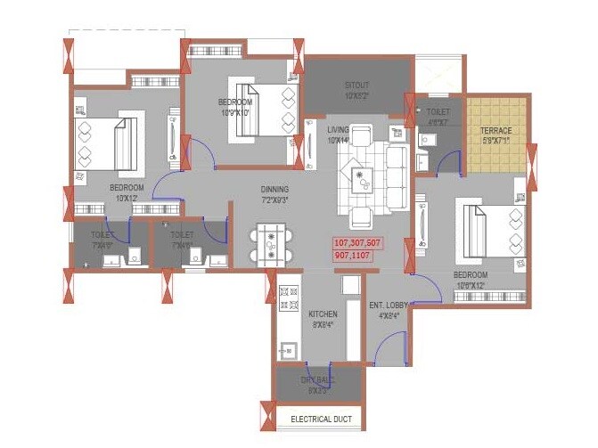 Floor plan of 3 BHK 959 Sq. Ft. Apartment in Blue Scapes, Pune