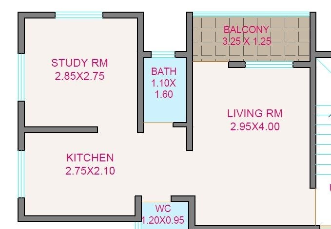 Floor plan of 1 BHK 388 Sq. Ft. Apartment in Blueberry Blue Leaf, Pune