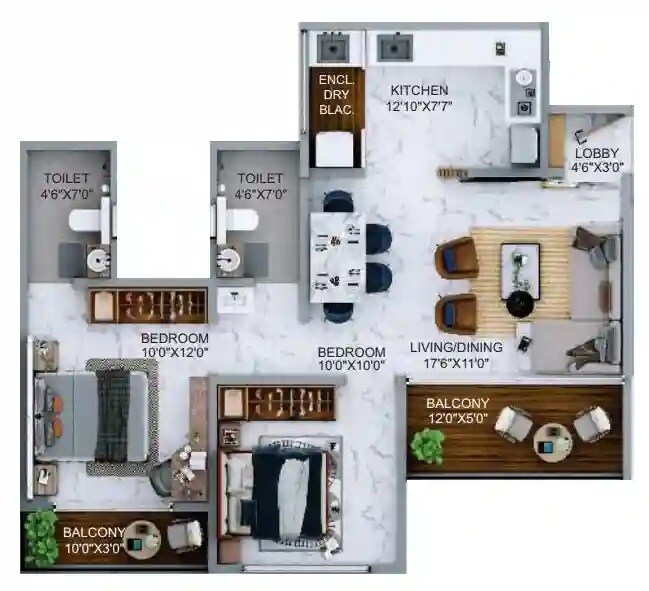 Floor plan of 2 BHK 745 Sq. Ft. Apartment in BMC Sky Tower, Pune