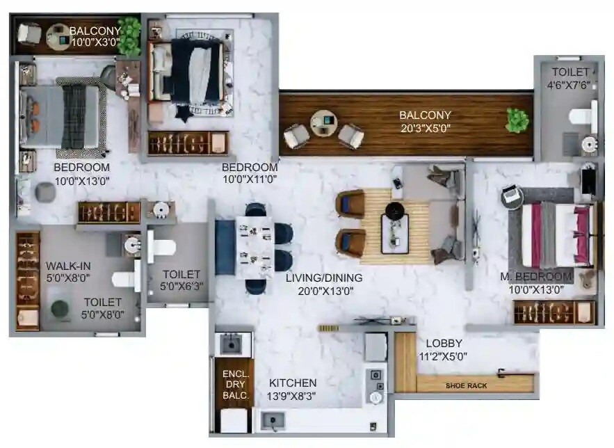 Floor plan of 3 BHK 1035 Sq. Ft. Apartment in BMC Sky Tower, Pune