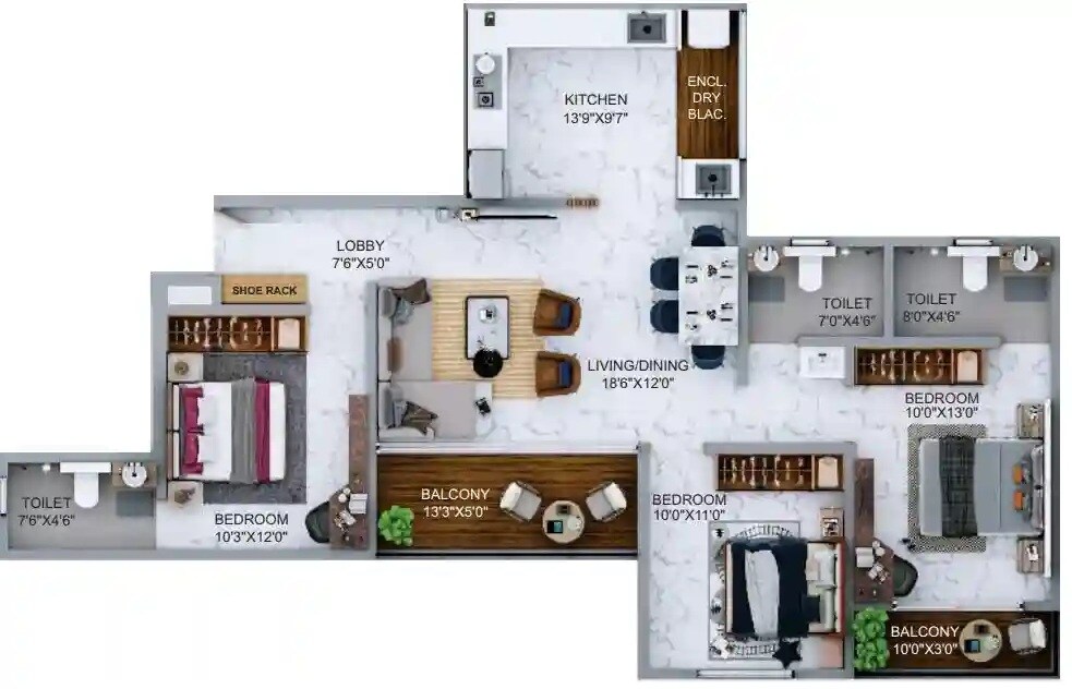Floor plan of 3 BHK 1205 Sq. Ft. Apartment in BMC Sky Tower, Pune