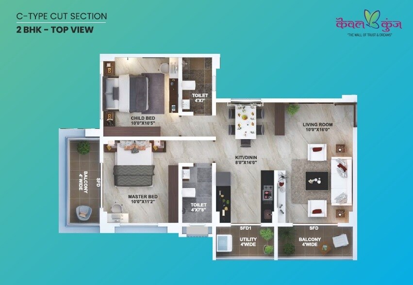 Floor plan of 2 BHK 744 Sq. Ft. Apartment in Bora Kewal Kunj, Pune