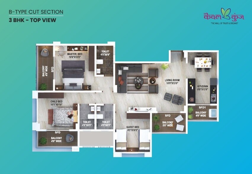 Floor plan of 3 BHK 1041 Sq. Ft. Apartment in Bora Kewal Kunj, Pune