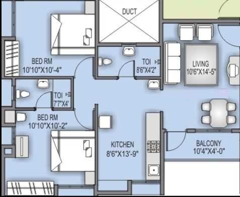 Floor plan of 2 BHK 640 Sq. Ft. Apartment in Bora Ville Phase II, Pune