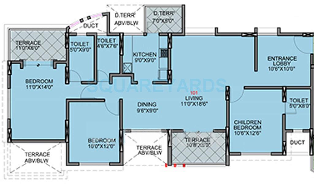 Floor plan of 3 BHK 1018 Sq. Ft. Apartment in Brahma Exuberance, Pune