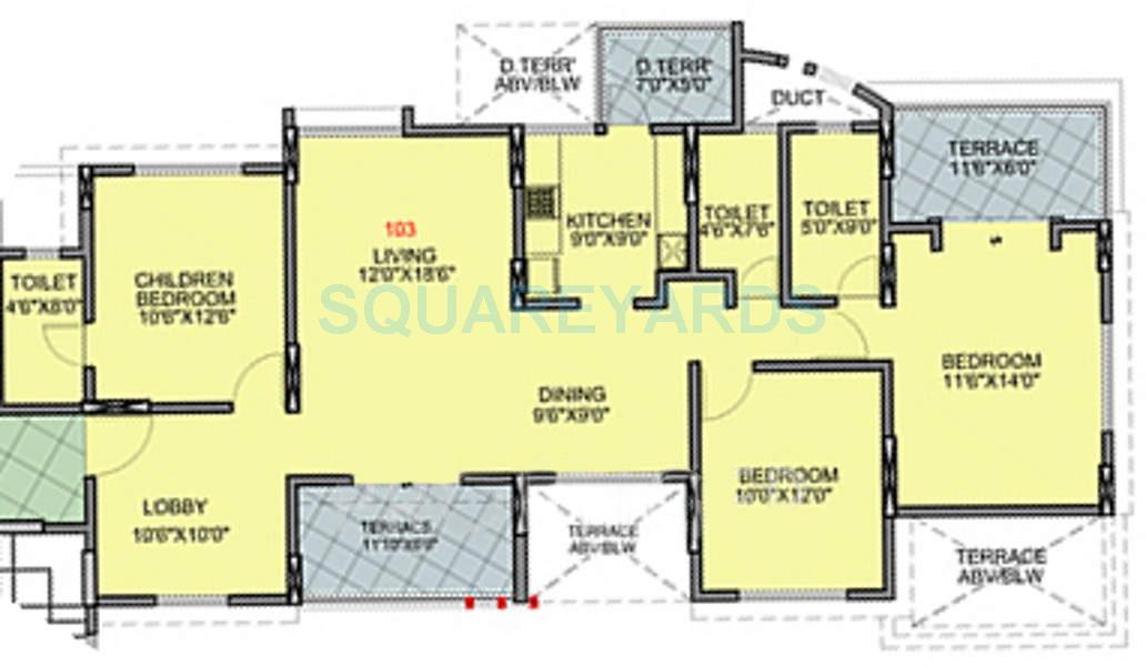 Floor plan of 3 BHK 1043 Sq. Ft. Apartment in Brahma Exuberance, Pune