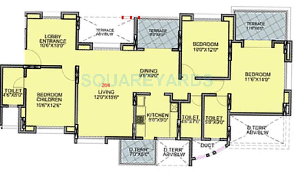 Floor plan of 3 BHK 1046 Sq. Ft. Apartment in Brahma Exuberance, Pune