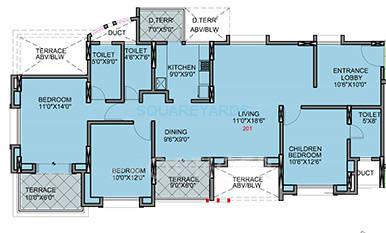 Floor plan of 3 BHK 1025 Sq. Ft. Apartment in Brahma Exuberance, Pune
