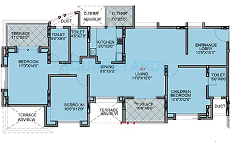 Floor plan of 3 BHK 1037 Sq. Ft. Apartment in Brahma Exuberance, Pune