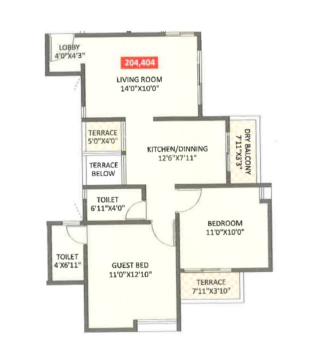 Floor plan of 2 BHK 635 Sq. Ft. Apartment in Brahma Heights, Pune