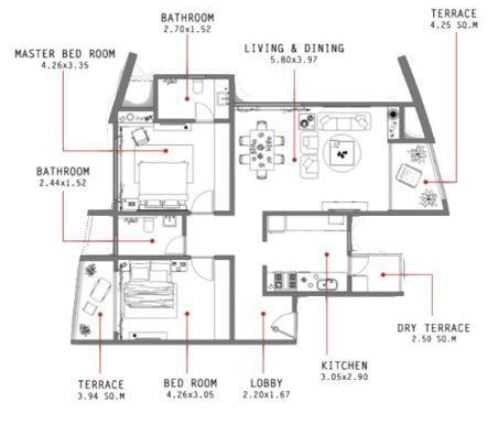 Floor plan of 2 BHK 1200 Sq. Ft. Apartment in Brahma Meander, Pune
