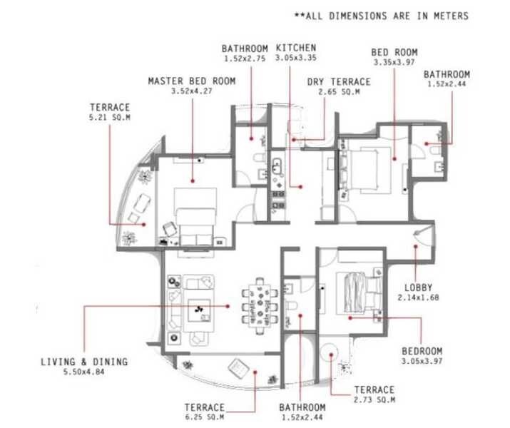 Floor plan of 3 BHK 1760 Sq. Ft. Apartment in Brahma Meander, Pune