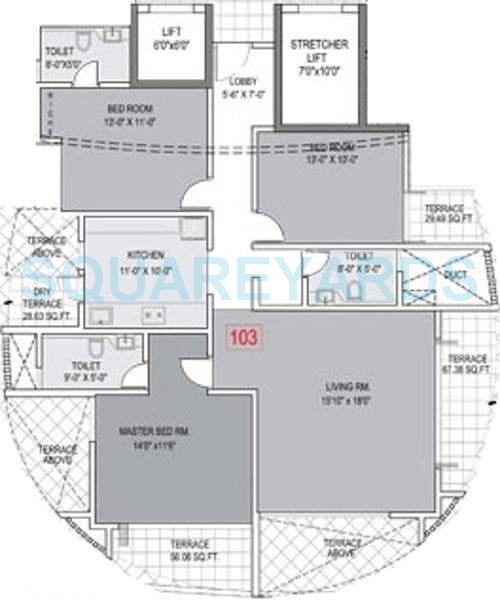 Floor plan of 3 BHK 1480 Sq. Ft. Apartment in Brahma Meander, Pune