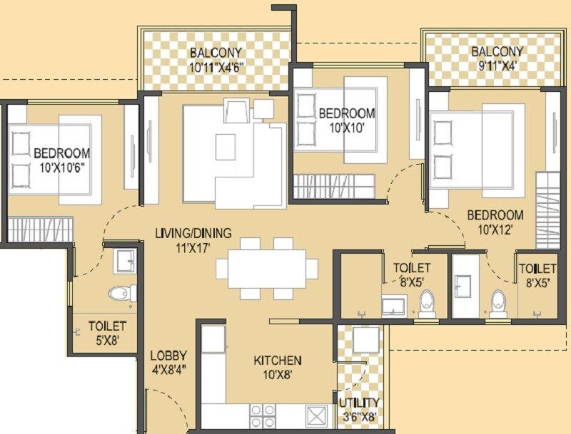 Floor plan of 3 BHK 849 Sq. Ft. Apartment in Brahma Realty Skycity, Pune