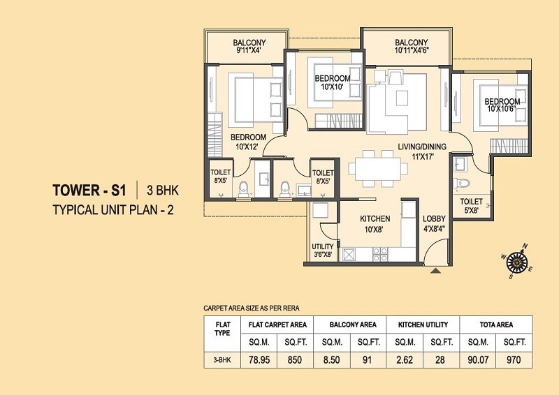 Floor plan of 3 BHK 970 Sq. Ft. Apartment in Brahma Realty Skycity, Pune