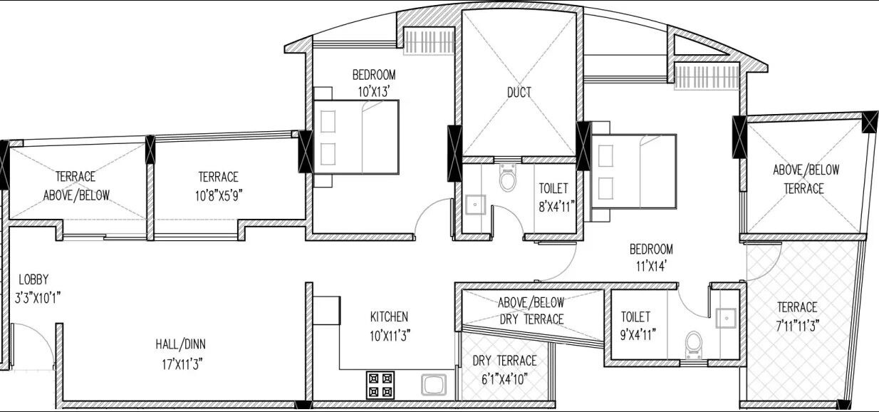 Floor plan of 2 BHK 1264 Sq. Ft. Apartment in Bramha Vantage, Pune