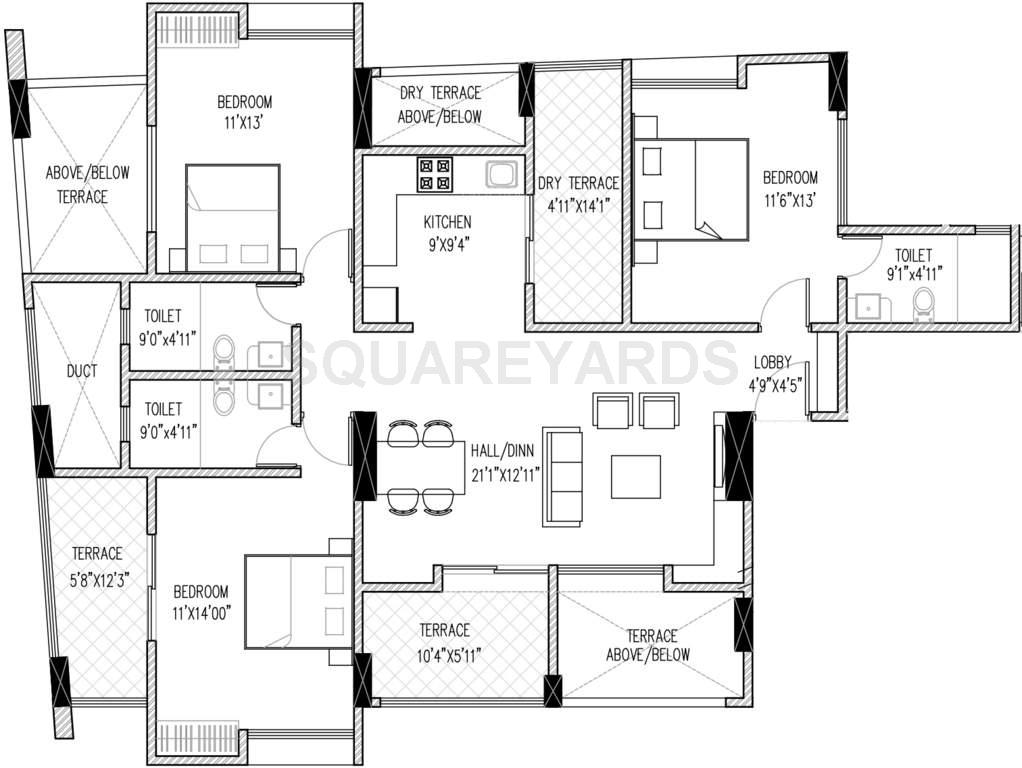 Floor plan of 3 BHK 1928 Sq. Ft. Apartment in Bramha Vantage, Pune