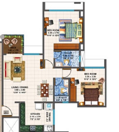 Floor plan of 2 BHK Apartment - 707 sq. ft. in Bramha Skycity Apartment, Pune