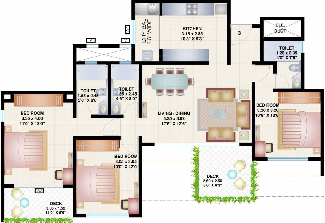 Floor plan of 3 BHK Apartment - 908 sq. ft. in Bramha Skycity Apartment, Pune