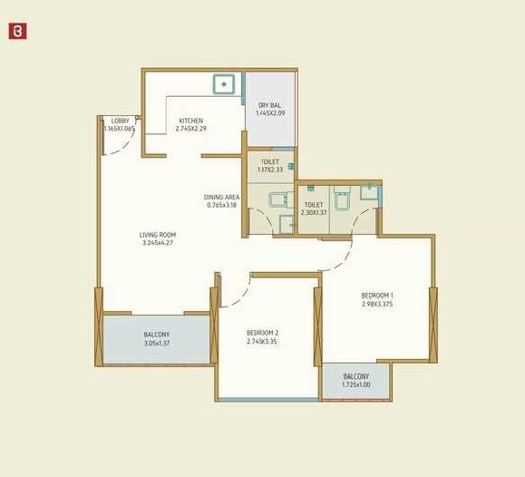 2 BHK 818 Sq. Ft. Apartment