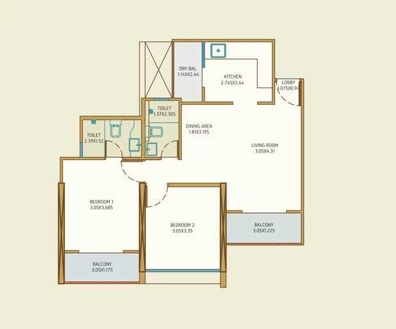 Floor plan of 2 BHK 1040 Sq. Ft. Apartment in Bramhacorp The Collection, Pune