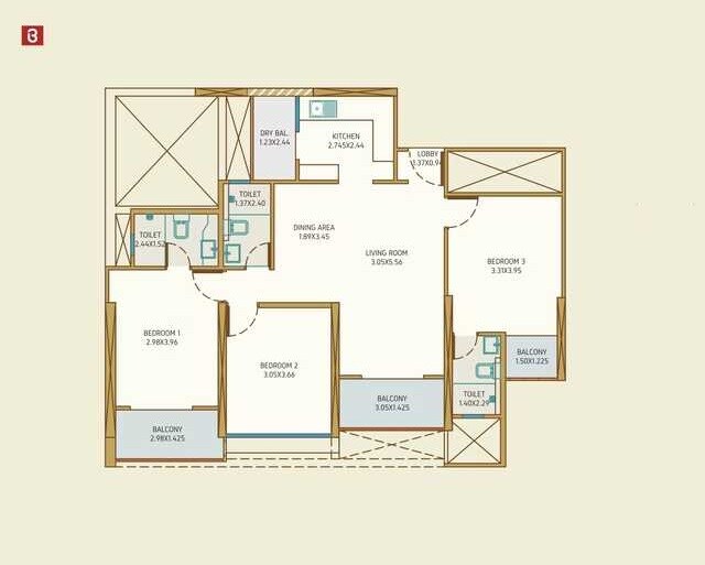 Floor plan of 3 BHK 1140 Sq. Ft. Apartment in Bramhacorp The Collection, Pune
