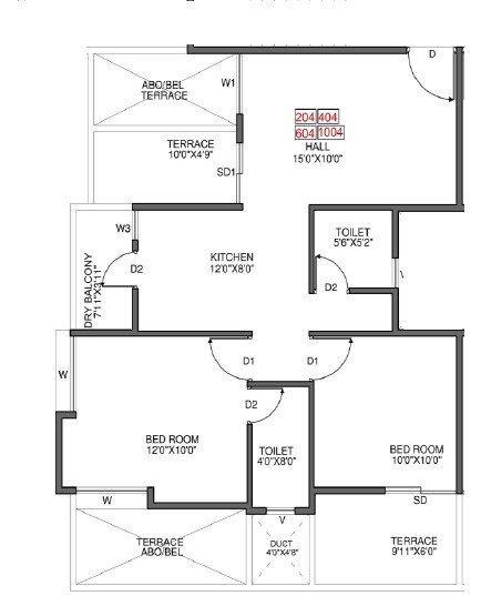 Floor plan of 2 BHK 740 Sq. Ft. Apartment in Bright Aristo, Pune